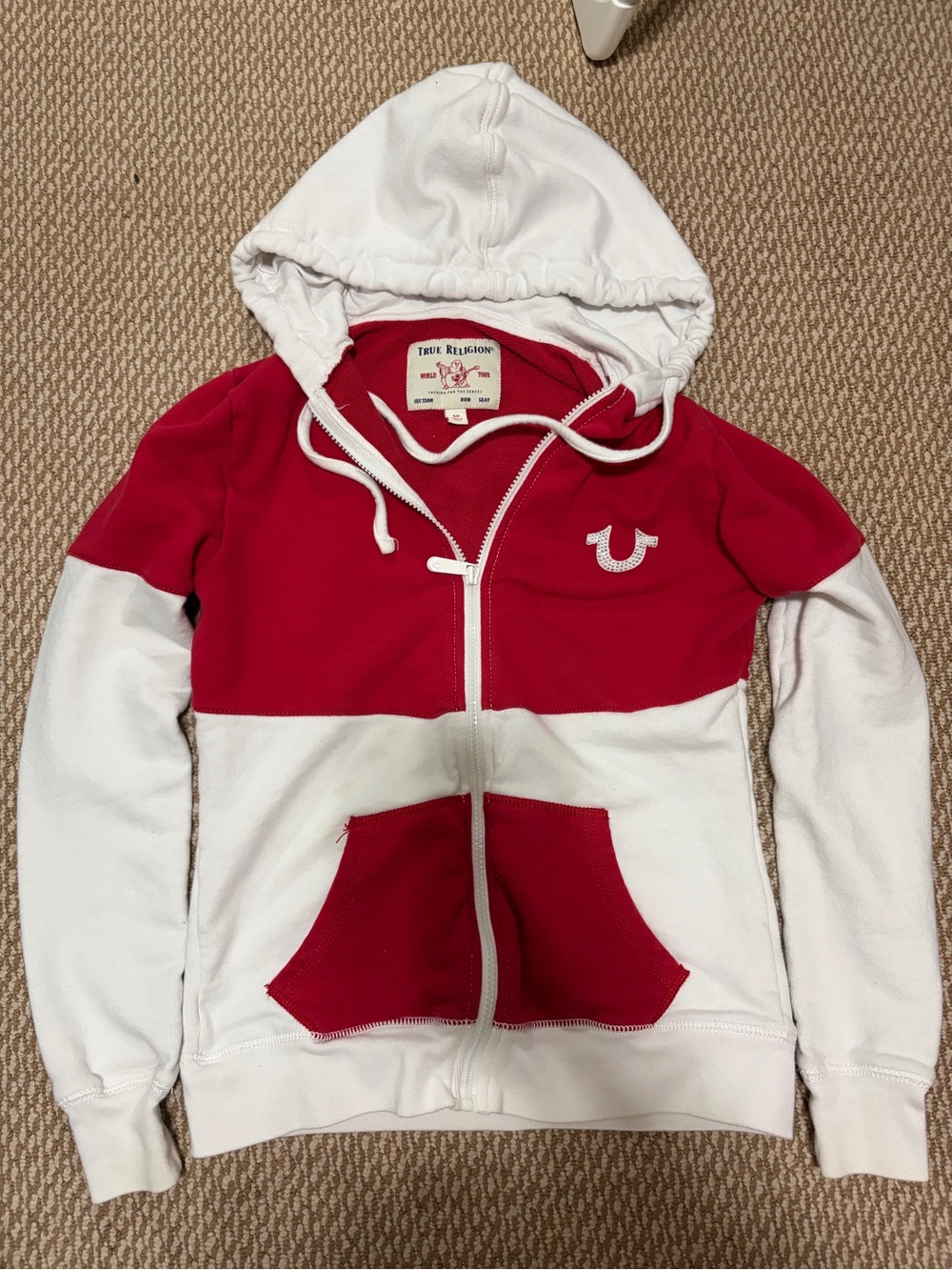 True Religion Women's Red and White Colorblock Zip Hoodie size small